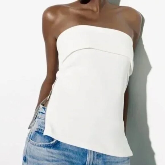 ZARA Woman White Side Zip Tube Top Bandeau Sleeveless Straight Neck - Picture 5 of 6